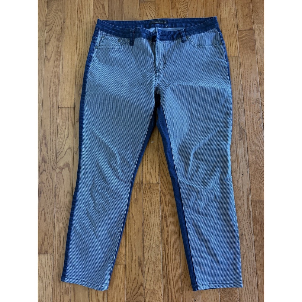 prAna Jett Capri Crop Jeans indigo railroad stripe pattern Sz 12/31